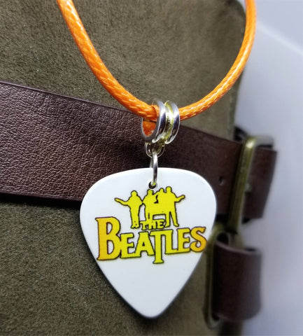 The Beatles Guitar Pick Necklace on an Orange Rolled Cord