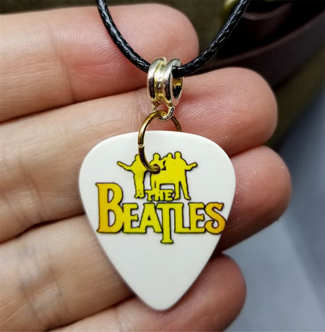 Orange and Yellow The Beatles Guitar Pick Necklace with Black Rolled Cord