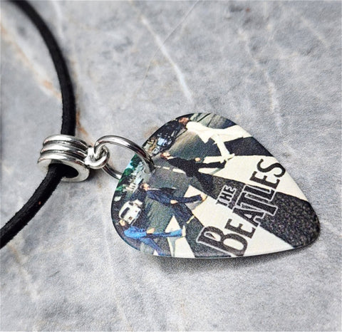 The Beatles Abbey Road Guitar Pick Necklace on Black Suede Cord