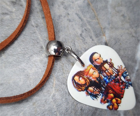 Korn Cartoon Group Picture Guitar Pick Necklace on Brown Suede Cord