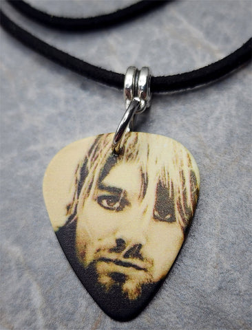 Nirvana Kurt Cobain Guitar Pick Necklace on Black Suede Cord