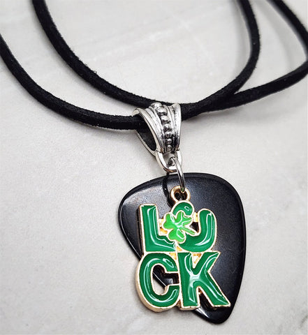 Luck Charm with a Black Guitar Pick Necklace on Black Suede Rolled Cord