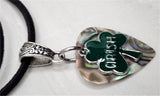 Irish Shamrock Charm with a Abalone Guitar Pick Necklace on Black Suede Cord