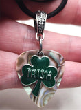 Irish Shamrock Charm with a Abalone Guitar Pick Necklace on Black Suede Cord