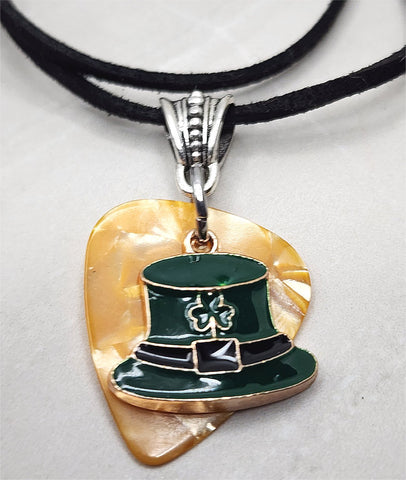 Leprechaun Hat Charm on Gold MOP Guitar Pick Necklace on Black Suede Cord