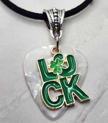 Luck Charm with a White MOP Guitar Pick Necklace on Black Suede Cord