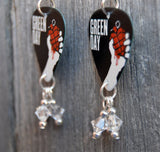 Green Day American Idiot Guitar Pick Earrings with Clear Swarovski Crystal Dangles