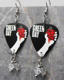 Green Day American Idiot Guitar Pick Earrings with Clear Swarovski Crystal Dangles