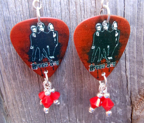 Green Day Guitar Pick Earrings with Opaque Red Crystal Dangles