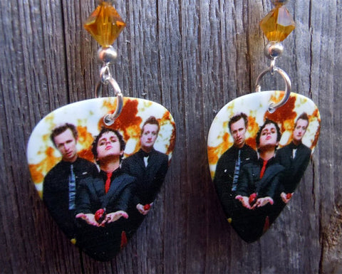 Green Day Group Picture Fire Guitar Pick Earrings with Topaz Colored Swarovski Crystals