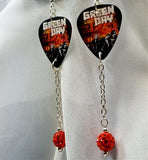 Green Day Guitar Pick Earrings with Orange Pave Bead Dangles