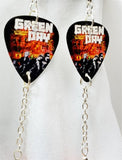 Green Day Guitar Pick Earrings with Orange Pave Bead Dangles
