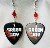 Green Day with Red Flowers Guitar Pick Earrings with Red Swarovski Crystals