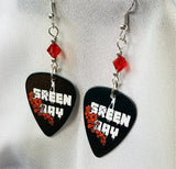 Green Day with Red Flowers Guitar Pick Earrings with Red Swarovski Crystals