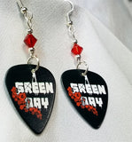 Green Day with Red Flowers Guitar Pick Earrings with Red Swarovski Crystals