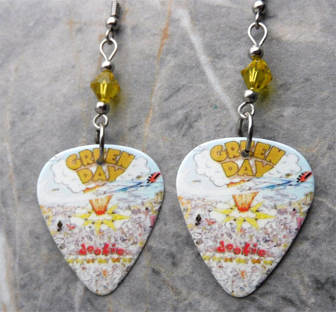 Green Day Dookie Guitar Pick Earrings with Lime Green Swarovski Crystals