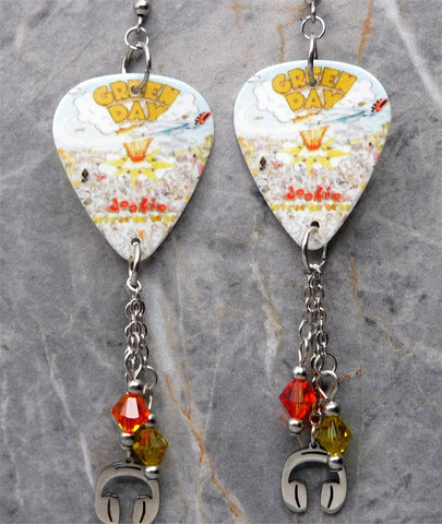 Green Day Dookie Guitar Pick Earrings with Stainless Steel Headphone Charms and Swarovski Crystal Dangles