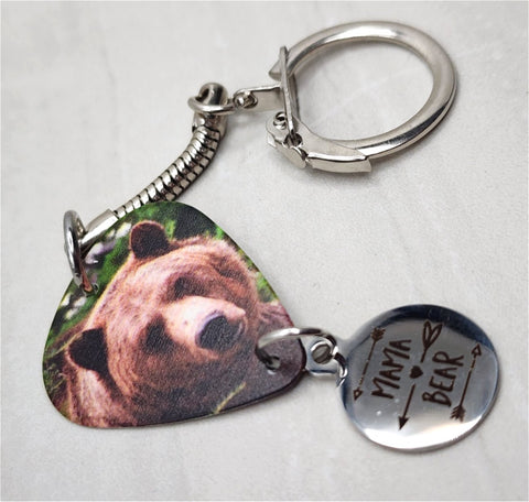 Grizzly Bear Guitar Pick Keychain with Mama Bear Stainless Steel Charm