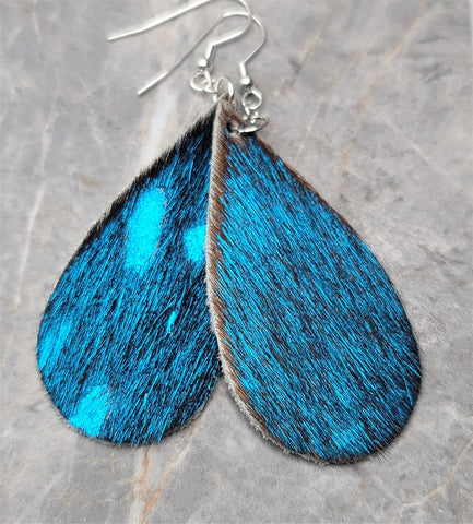 Black and Capri Blue Hair on Hide Leather Elongated Tear Drop Earrings