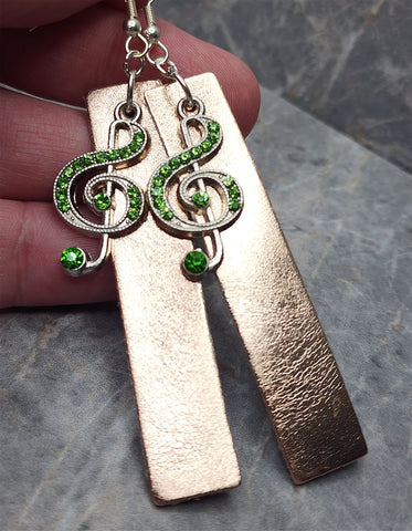 Rose Gold Metallic Finished Long Rectangular Real Leather Earrings with Green Crystal Encrusted Treble Clef Note Charms