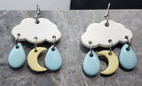 Matte Clouds Polymer Clay Post Earrings with a Quarter Moon and Raindrops