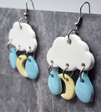 Matte Clouds Polymer Clay Post Earrings with a Quarter Moon and Raindrops