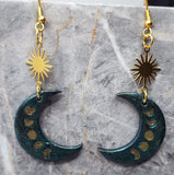 Quarter Moon and Phases Polymer Clay Dangle Earrings with Colorshifting Mica Powder
