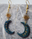 Quarter Moon and Phases Polymer Clay Dangle Earrings with Colorshifting Mica Powder