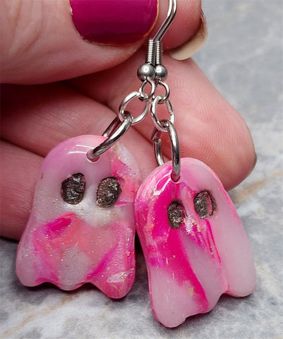Dangling Pink and White Ghost Polymer Clay Earrings