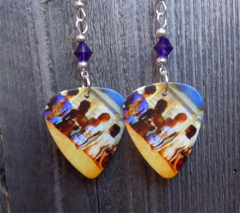 Pink Floyd Painted Women Poster Guitar Pick Earrings with Purple Swarovski Crystals