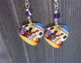 Pink Floyd Painted Women Poster Guitar Pick Earrings with Purple Swarovski Crystals