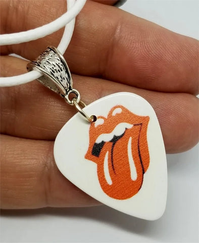 Rolling Stones Emblem White Guitar Pick on White Rolled Cord Necklace