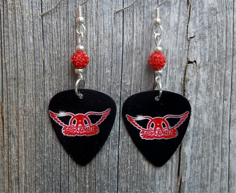 Aerosmith Logo Black Guitar Pick Earrings with Red Pave Beads