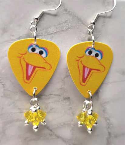 Sesame Street Big Bird Guitar Pick Earrings with Yellow Swarovski Crystal Dangles