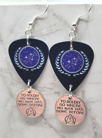 Star Trek United Federation of Planets Guitar Pick Earrings with To Boldly Go Where No Man Has Gone Before Charm Dangles