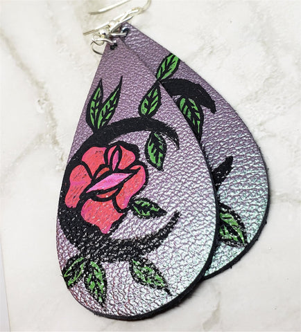 Metallic Color Shifting Teardrop Earrings with a Hand Painted Flower Moon OOAK