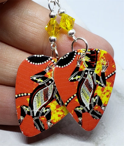 Australian Aboriginal Style Art Lizard Guitar Pick Earrings with Yellow Swarovski Crystals
