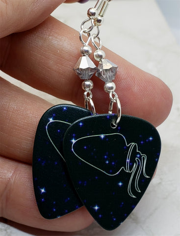 Horoscope Astrological Sign Aquarius Guitar Pick Earrings with Metallic Silver Swarovski Crystals