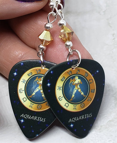 Horoscope Astrological Sign Aquarius Guitar Pick Earrings with Metallic Sunshine Swarovski Crystals