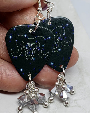 Horoscope Astrological Sign Aries Guitar Pick Earrings with Metallic Silver Swarovski Crystal Dangles