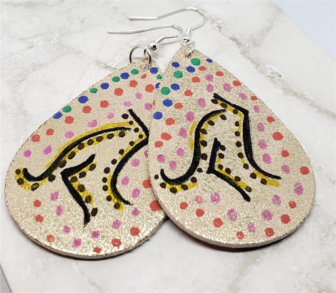 Aboriginal Style Art Hand Painted Kangaroo FAUX Leather Distressed Metallic Teardrop Shaped Earrings