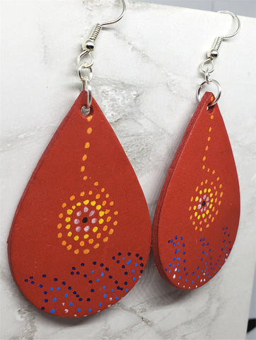 CLEARANCE Aboriginal Style Dot Art Hand Painted Vegetable Tanned Real Red Leather Teardrop Shaped Earrings