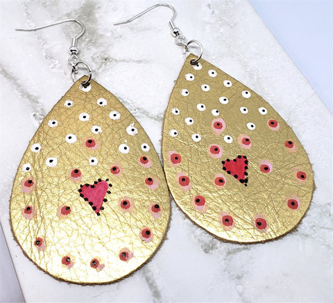 CLEARANCE Aboriginal Style Dot Art Hand Painted Metallic Gold Real Leather Teardrop Shaped Earrings