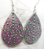 Aboriginal Style Dot Art Hand Painted Metallic Silver Real Leather Teardrop Shaped Earrings