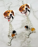 Beagle Guitar Pick Earrings with Bone Charm and Swarovski Crystal Dangles