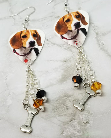 Beagle Guitar Pick Earrings with Bone Charm and Swarovski Crystal Dangles