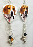 Beagle Guitar Pick Earrings with Bone Charm and Swarovski Crystal Dangles
