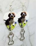 Beagle Puppy Guitar Pick Earrings with Bone Charm Dangles