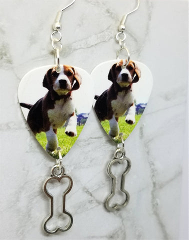 Beagle Puppy Guitar Pick Earrings with Bone Charm Dangles
