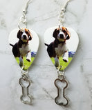 Beagle Puppy Guitar Pick Earrings with Bone Charm Dangles
